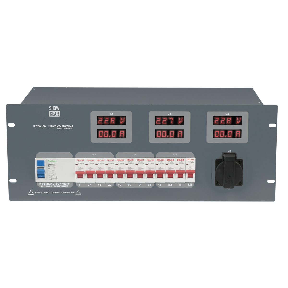 PSA-32A12M strömfördelare, 12 × automatsäkring, Schuko + multipin-utgångar