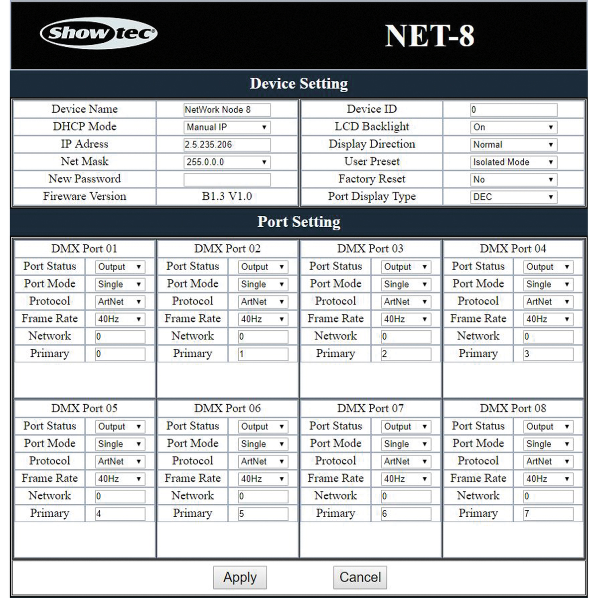 NET-8/5 Art-Net/Kling-Net-nod, 8 universum, 5-polig XLR