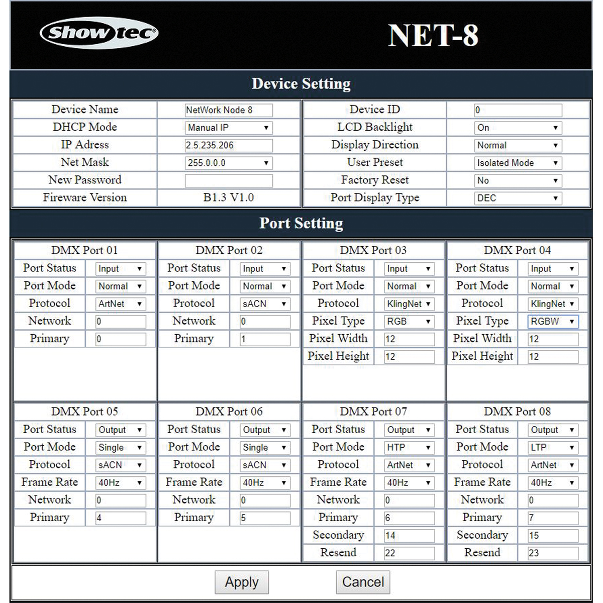 NET-8/5 Art-Net/Kling-Net-nod, 8 universum, 5-polig XLR