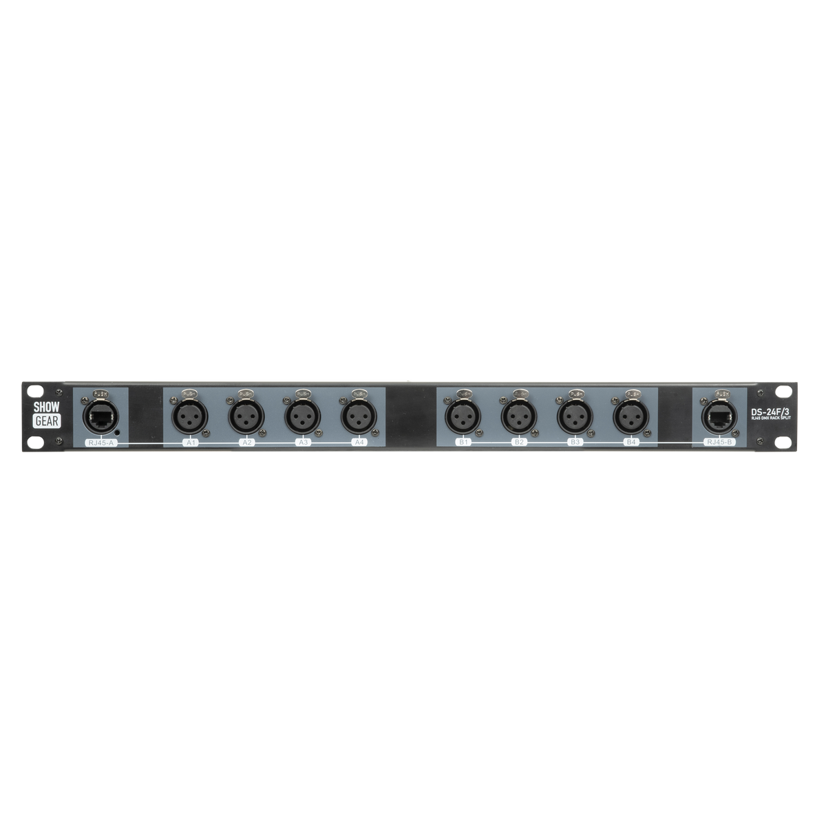 DS-24F/3 DMX-racksplit, 8× 3-polig XLR (hona) till 2× RJ45 (hona), 4 universum per CAT-kabel