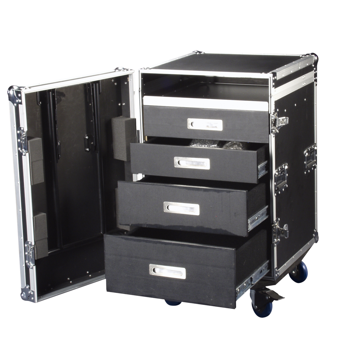 Drawer Case 12U med arbetsyta, svänghjul med broms