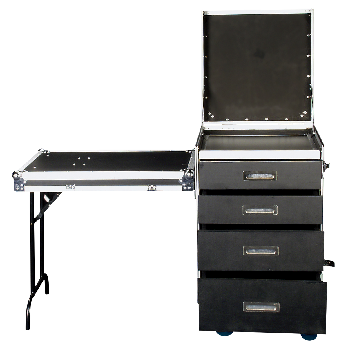 Drawer Case 12U med arbetsyta, svänghjul med broms