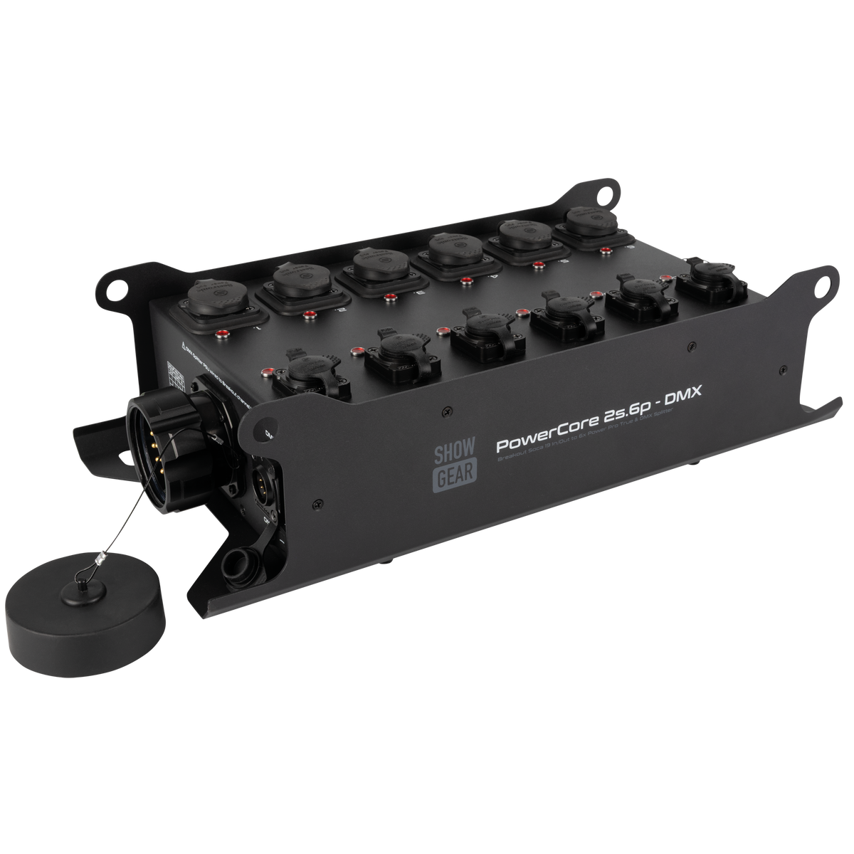 PowerCore 2s.6p - DMX breakoutbox, 2 × Multipin S19 (in/ut) till 6 × Power Pro True + 6-vägs DMX-splitter