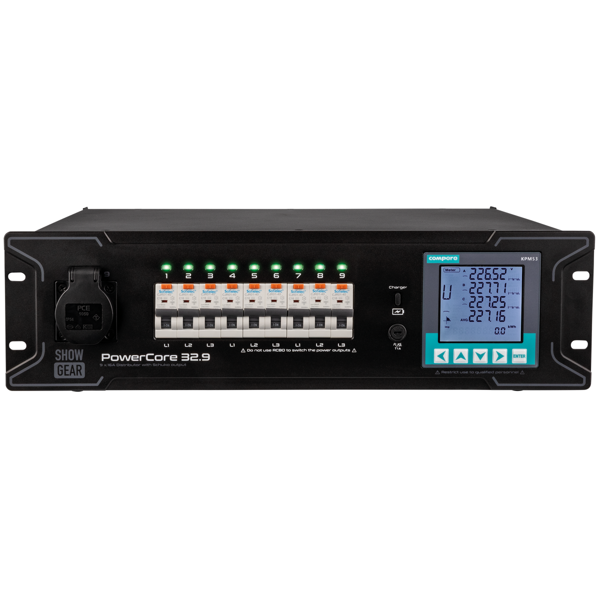 PowerCore 32.9 strömfördelare, 1 + 9 × Schuko