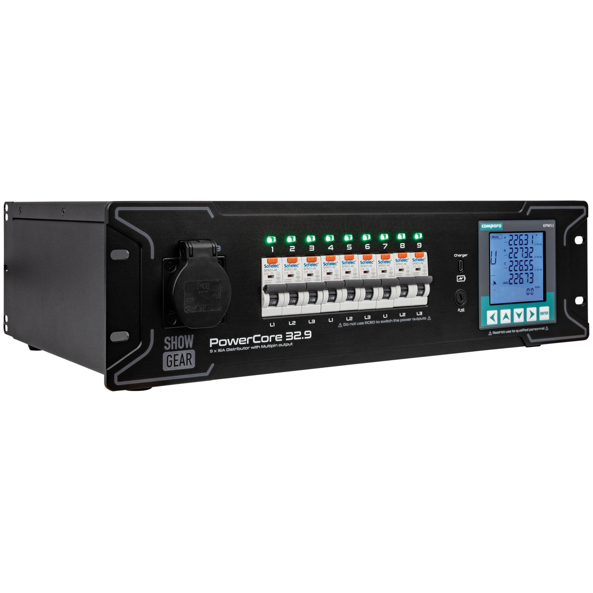 PowerCore 32.9 strömfördelare, 1 + 9 × Schuko