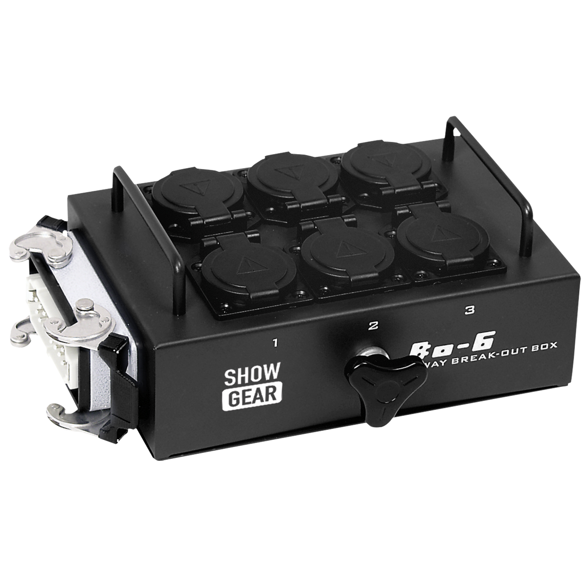 BO-6-S1 breakoutbox med 6 Schuko och 1 × 16-polig multipin