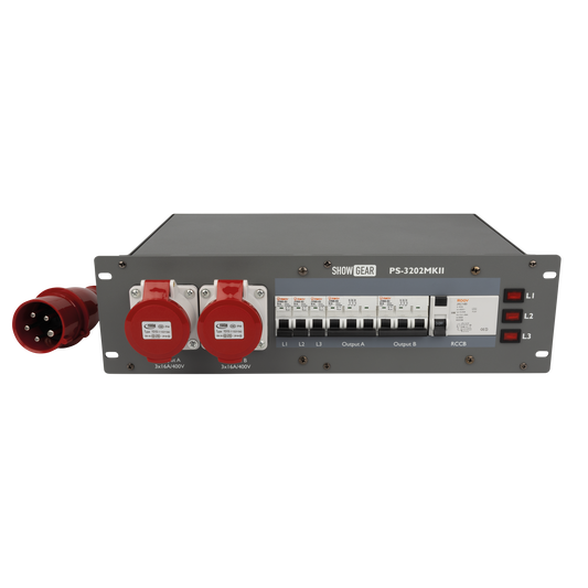 PS-3202 MKII, CEE 32 A till 6× Schuko och 2× CEE 16 A 5-polig