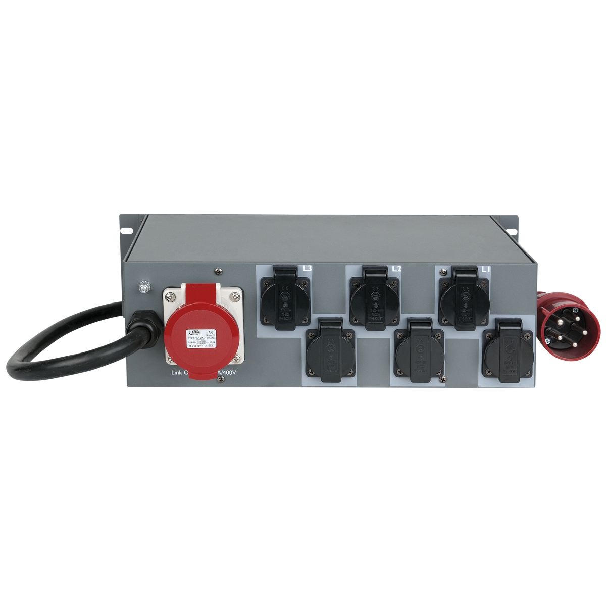 PS-3202 MKII, CEE 32 A till 6× Schuko och 2× CEE 16 A 5-polig