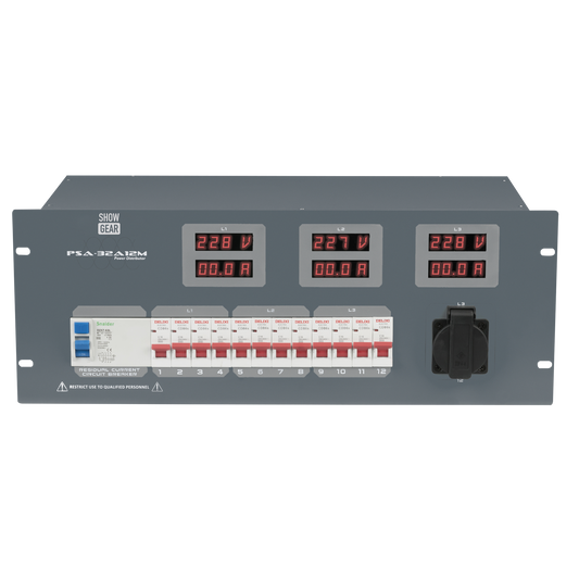 PSA-32A12M strömfördelare, 12 × automatsäkring, Schuko + multipin-utgångar