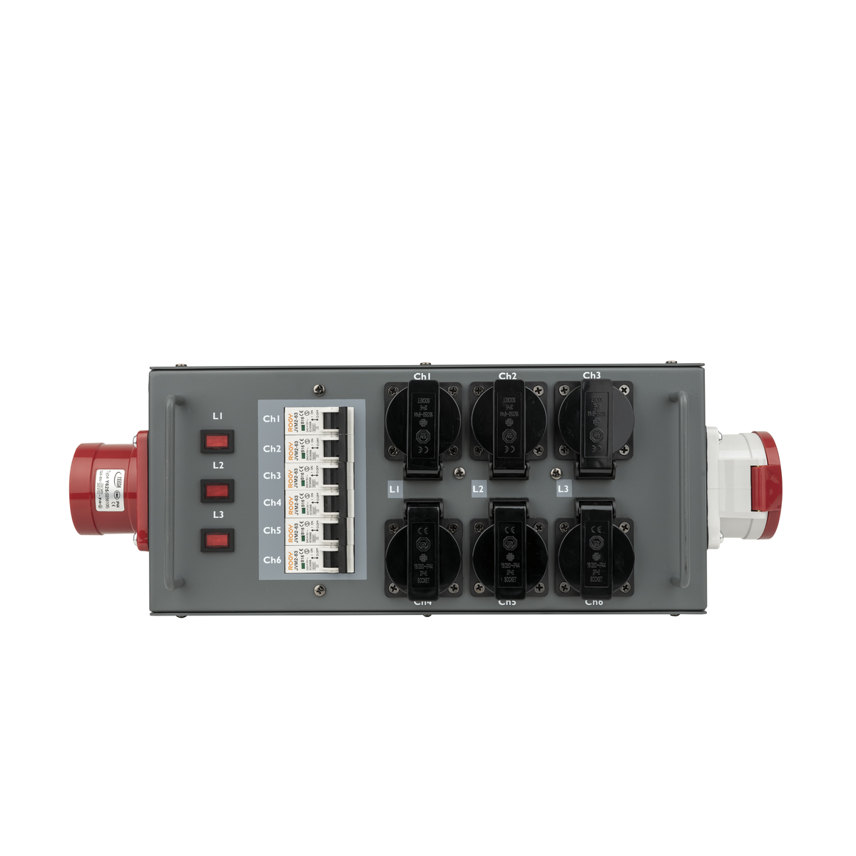 Powersplit 32, CEE 32 A till 6× Schuko och CEE-genomlänkning