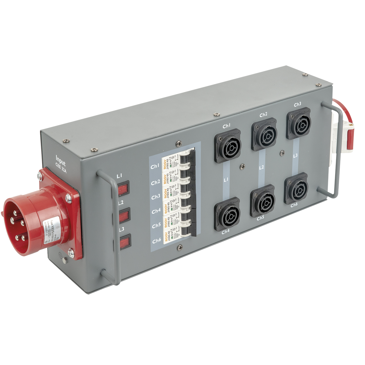 Power Split 32 True, CEE 32 A till 6× Power Pro True och 1× CEE 32 A 5-polig