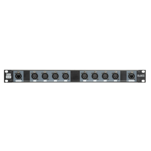 DS-24F/3 DMX-racksplit, 8× 3-polig XLR (hona) till 2× RJ45 (hona), 4 universum per CAT-kabel