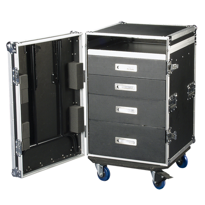 Drawer Case 12U med arbetsyta, svänghjul med broms