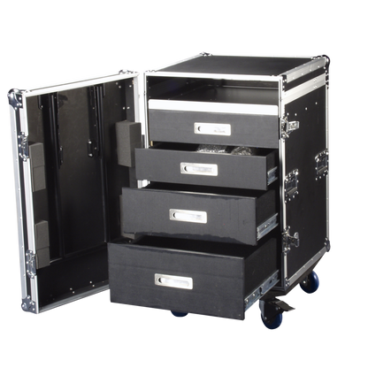 Drawer Case 12U med arbetsyta, svänghjul med broms