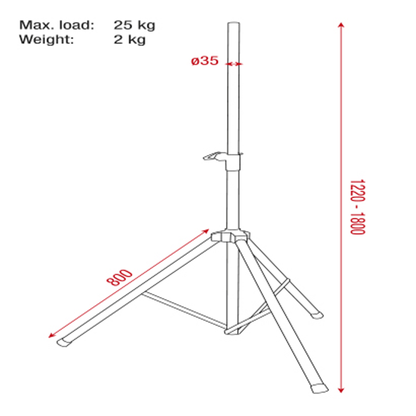 Högtalarstativ, aluminium, 1220–1800 mm, 35 mm, max 25 kg