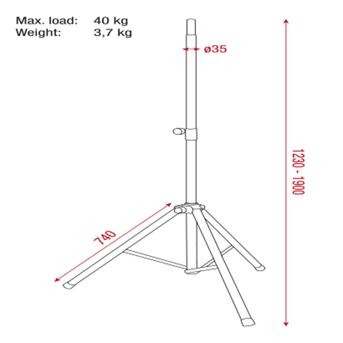 Högtalarstativ Pro, stål, 1230–1900 mm, 35 mm, max 40 kg