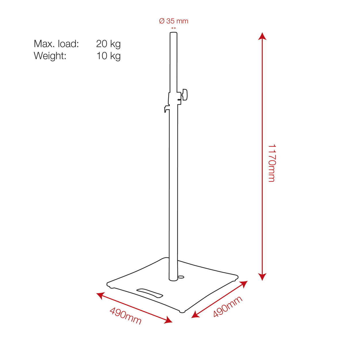 Högtalarstativ med bottenplatta, 1100–1800 mm, 35 mm, max 20 kg