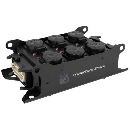 PowerCore 2m.6s breakoutbox, 2 × Multipin H16 (in/ut) till 6 × Schuko