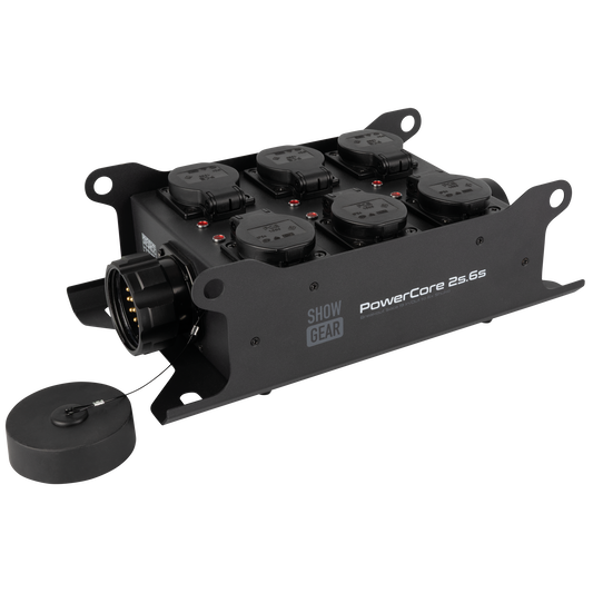 PowerCore 2s.6s breakoutbox, 2 × Multipin S19 (in/ut) till 6 × Schuko