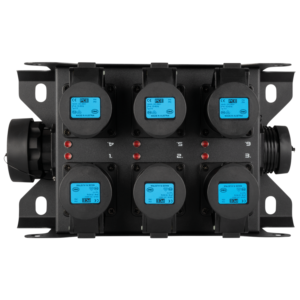PowerCore 2s.6c breakoutbox, 2 × Multipin S19 (in/ut) till 6 × CEE 16 A