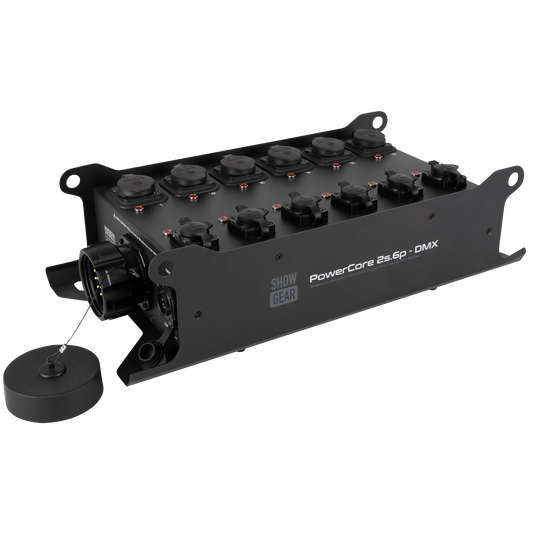 PowerCore 2s.6p - DMX breakoutbox, 2 × Multipin S19 (in/ut) till 6 × Power Pro True + 6-vägs DMX-splitter