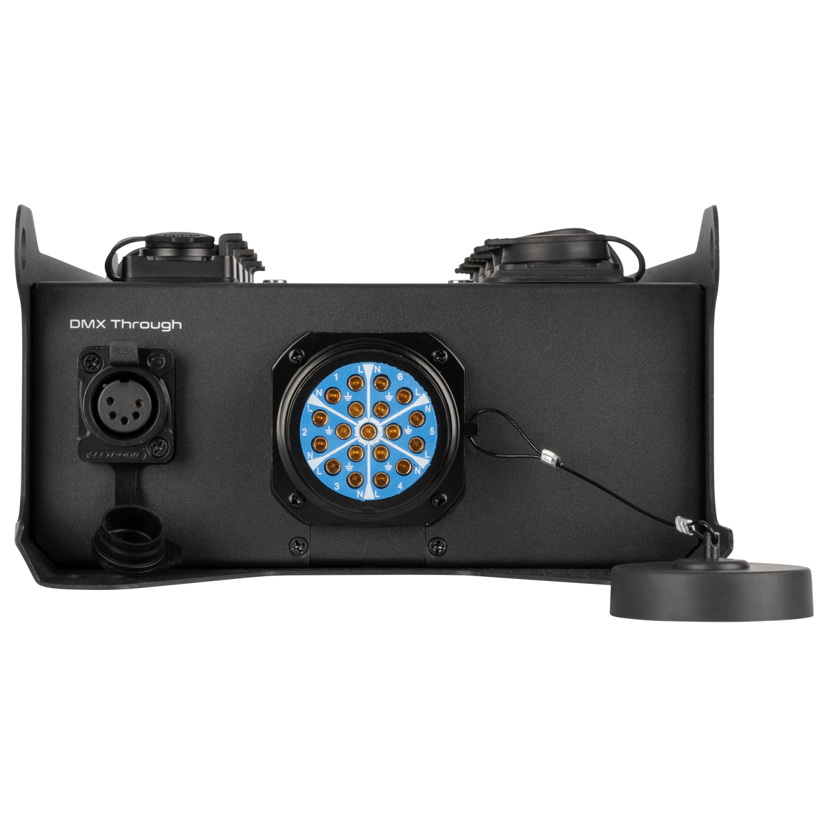PowerCore 2s.6p - DMX breakoutbox, 2 × Multipin S19 (in/ut) till 6 × Power Pro True + 6-vägs DMX-splitter
