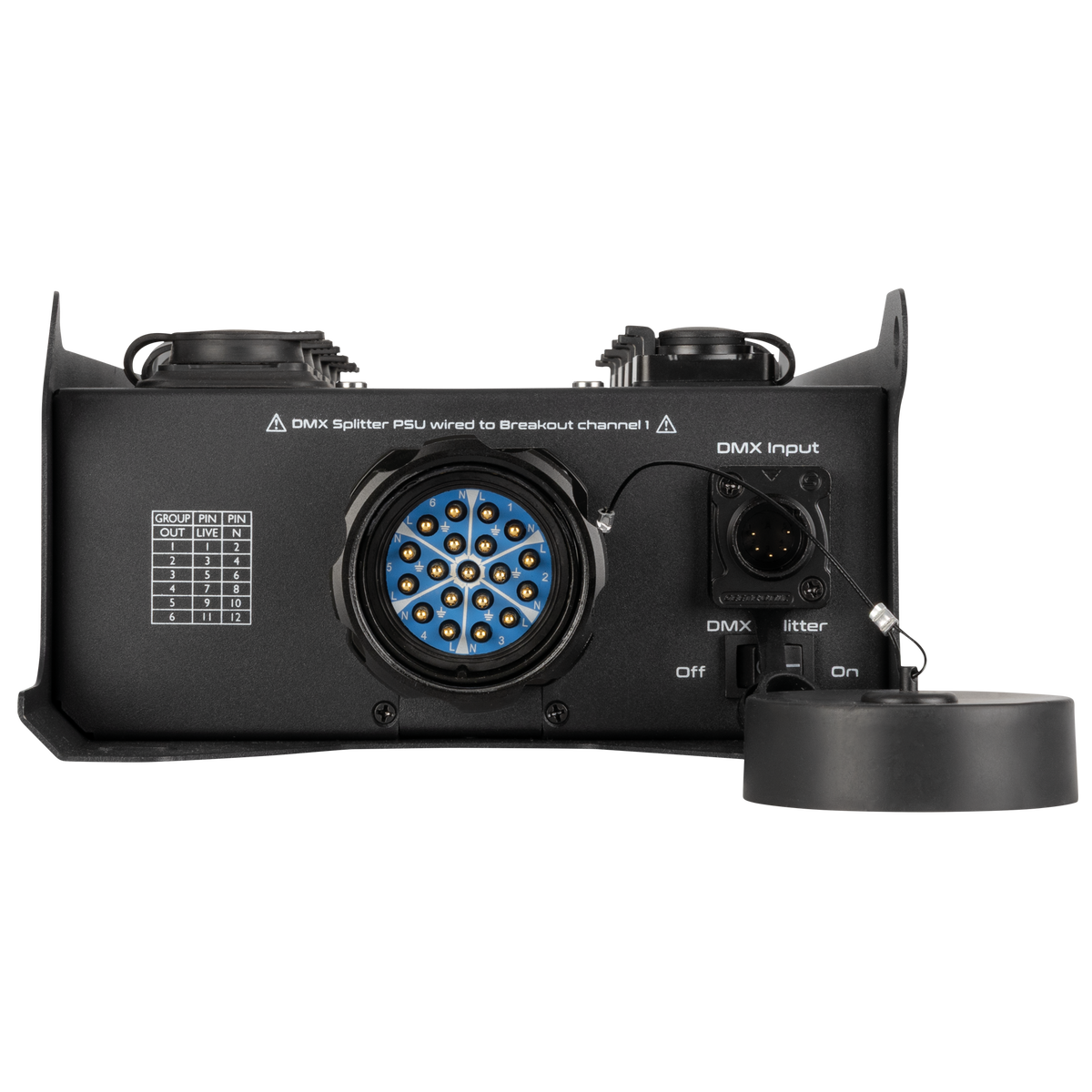 PowerCore 2s.6p - DMX breakoutbox, 2 × Multipin S19 (in/ut) till 6 × Power Pro True + 6-vägs DMX-splitter