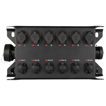PowerCore 2s.6p - DMX breakoutbox, 2 × Multipin S19 (in/ut) till 6 × Power Pro True + 6-vägs DMX-splitter