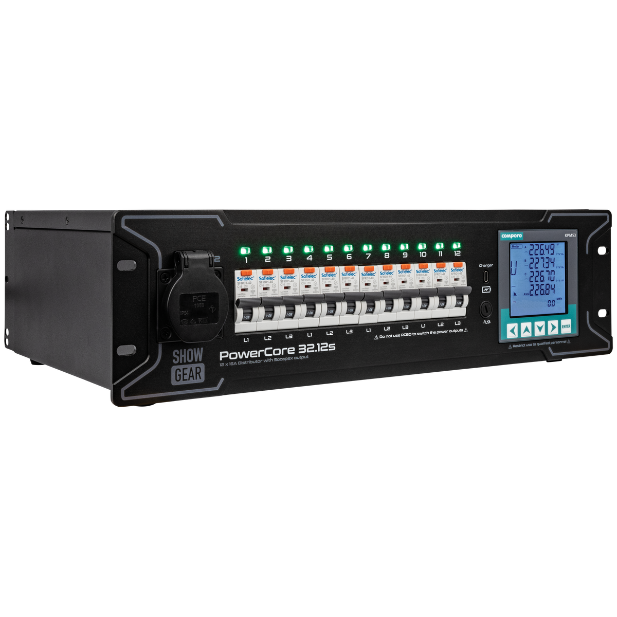 PowerCore 32.12s strömfördelare, 1 + 6 × Schuko + 2 × Multipin S19