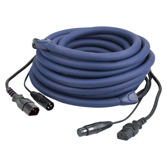 Ström-/DMX-kabel IEC/XLR hane – IEC/XLR hona, blå, 10 m