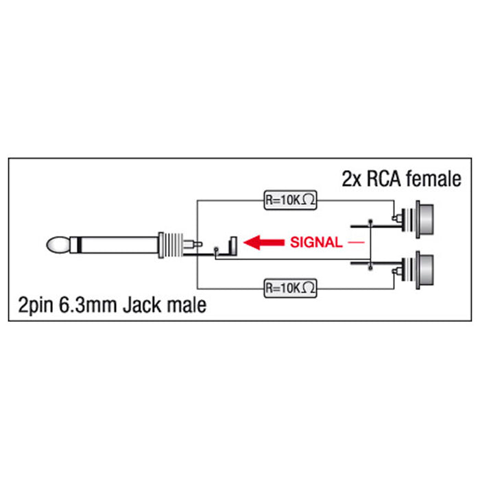 Adapter teleplugg mono till 2 × RCA hona, inkl. 2 × 10 kΩ-motstånd