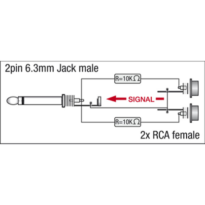 Adapter teleplugg mono till 2 × RCA hona, inkl. 2 × 10 kΩ-motstånd