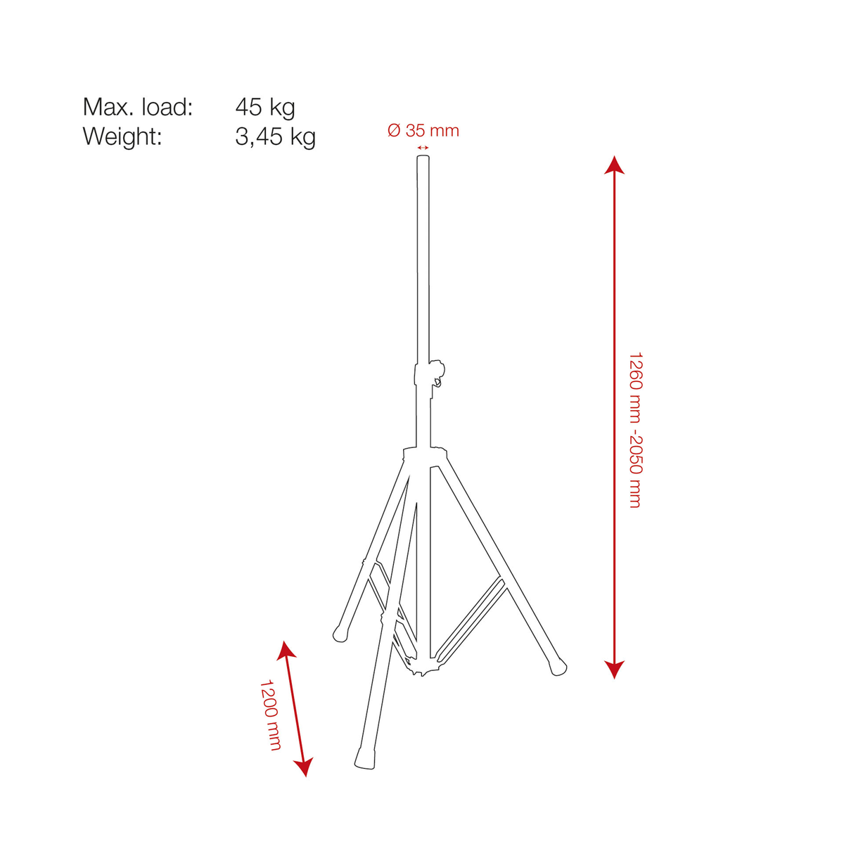Mammoth högtalarstativ, aluminium, 1260–2050 mm, 35 mm, max 45 kg