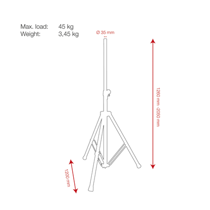 Mammoth högtalarstativ, aluminium, 1260–2050 mm, 35 mm, max 45 kg
